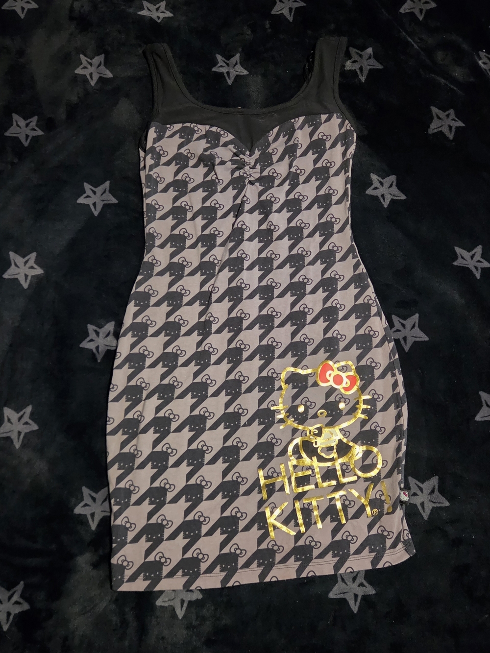 Hello Kitty Black & Gray Houndstooth Mini Dress with Gold Foil